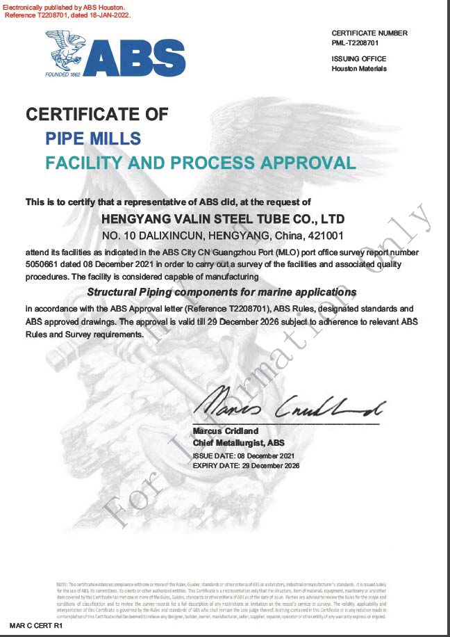 ABS Certificate for Structural Pipes